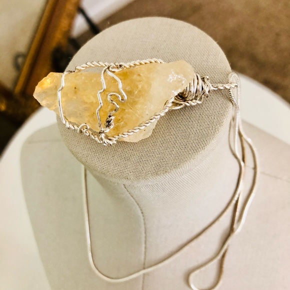 Vintage Raw Citrine Crystal Pendant Silver Necklace - Picture 3 of 15